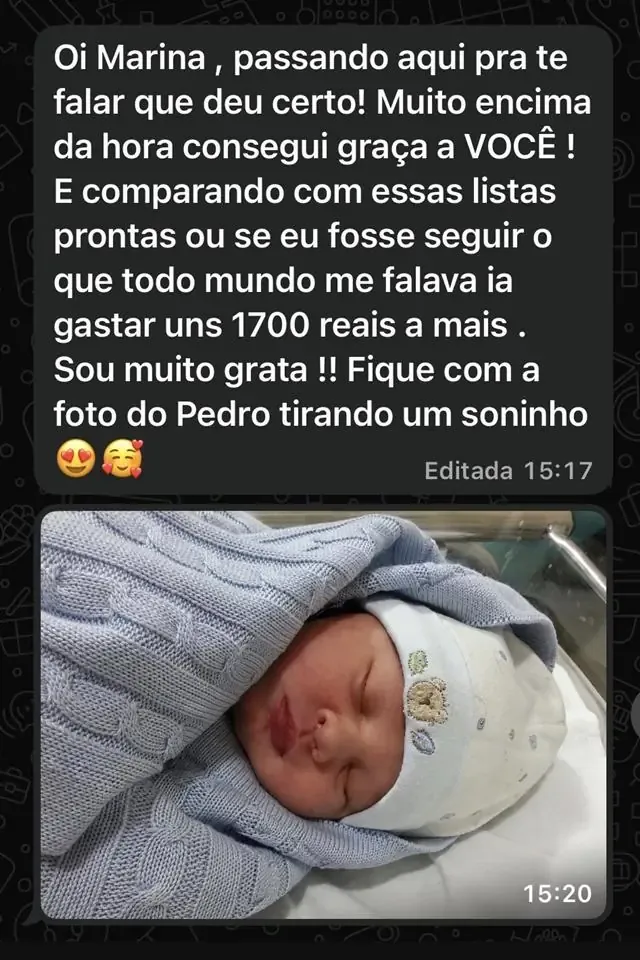 Print de mensagem: mãe conta que conseguiu montar o enxoval em cima da hora e que gastaria uns 1700 reais a mais seguindo listas prontas