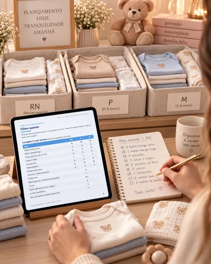 Tabela de quantidades por clima aberta no tablet, com as roupinhas separadas nas caixas RN, P e M